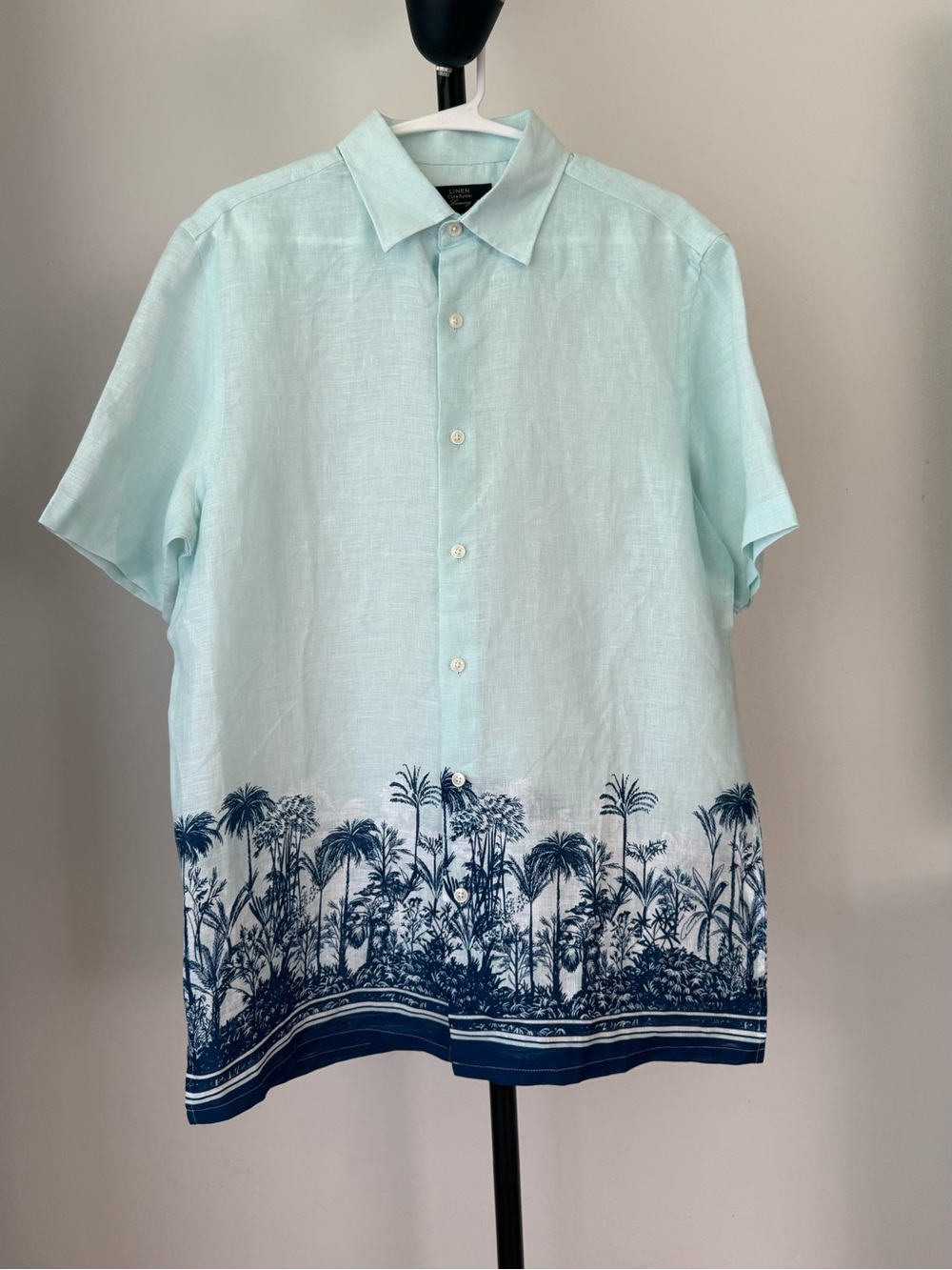 Club Room Luxury Men’s Small 100% Linen Aqua Tropical Palm Print Shirt NWT